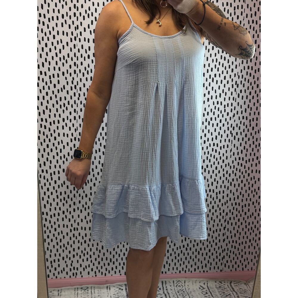 4our Dreamers Dress Sz S Blue Gauze Cotton Tiered Sleeveless Summer Lightweight - Picture 2 of 5
